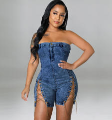 Women's New Wearing Copper Chain Sexy Strapless Denim jumpsuit