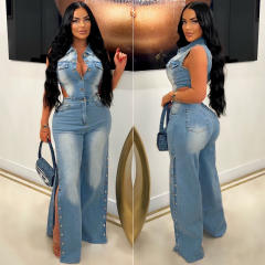 Tight Waist Slim-fit Elastic Wash Water Denim Pants Straight-tube Loose jumpsuit