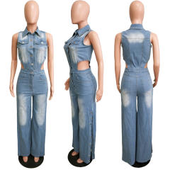 Tight Waist Slim-fit Elastic Wash Water Denim Pants Straight-tube Loose jumpsuit