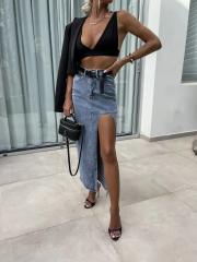 Retro Women's High-Waisted Asymmetrical Slit Denim Half-Length Skirt