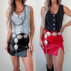 Summer personality hot girl ladies sleeveless rivet v collar Denim vest