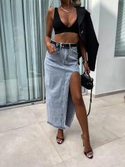 Retro Women's High-Waisted Asymmetrical Slit Denim Half-Length Skirt
