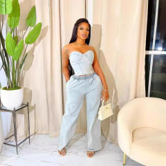 Summer fashion sleeveless casual stretch denim two-piece suit YM5315