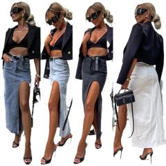Retro Women's High-Waisted Asymmetrical Slit Denim Half-Length Skirt