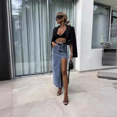 Retro Women's High-Waisted Asymmetrical Slit Denim Half-Length Skirt