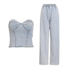 Summer fashion sleeveless casual stretch denim two-piece suit YM5315