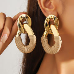 Exaggerated Pleated Oval Faux Leather Wrapped Silver Needle Earrings