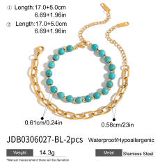 Vintage turquoise stone tiger eye stone bead stainless steel chain bracelet set