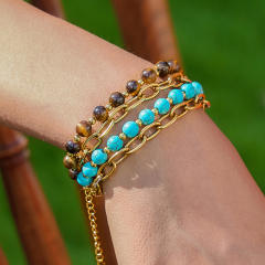 Vintage turquoise stone tiger eye stone bead stainless steel chain bracelet set