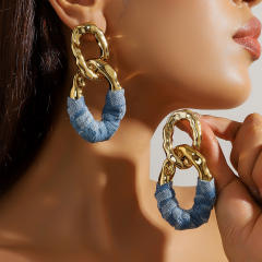 Exaggerated Pleated Oval Faux Leather Wrapped Silver Needle Earrings