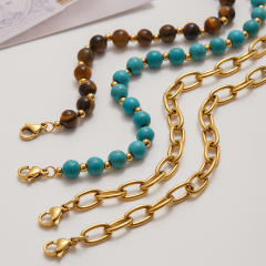 Vintage turquoise stone tiger eye stone bead stainless steel chain bracelet set