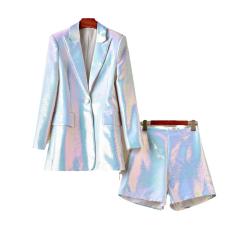 Spring Autumn Sequined Mid-Length Tops Blazer Shorts Colorful Sequined Pants suit
