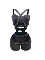 New Denim Vest Shorts suit Strapless Strap Elastic Shorts suit