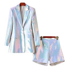 Spring Autumn Sequined Mid-Length Tops Blazer Shorts Colorful Sequined Pants suit