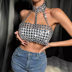 women's vest sexy personalized gem hand-stitched catwalk halter vest