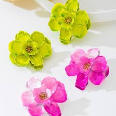 Elegant gradient pink green flower three-dimensional petal earrings
