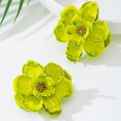 Elegant gradient pink green flower three-dimensional petal earrings