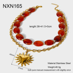 18KG sunflower pendant red acrylic bead stainless steel layer necklace bracelet suit