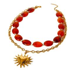 18KG sunflower pendant red acrylic bead stainless steel layer necklace bracelet suit