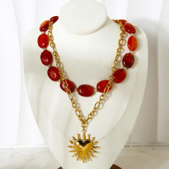 18KG sunflower pendant red acrylic bead stainless steel layer necklace bracelet suit