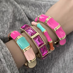 Colorful pink enamel glass crystal alloy bangle bracelet suit