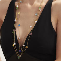 Candy color opal stone stainless steel long necklace sweater chain