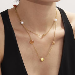 Candy color opal stone stainless steel long necklace sweater chain