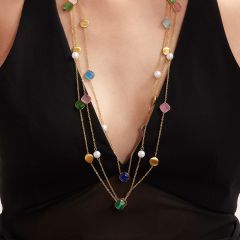 Candy color opal stone stainless steel long necklace sweater chain