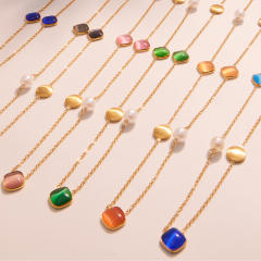 Candy color opal stone stainless steel long necklace sweater chain