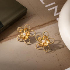 Hott sale gold color flower butterflly pearl inlaid stainless steel earrings