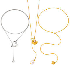 Elegant heart shell charm stainless steel long necklace lariet necklace