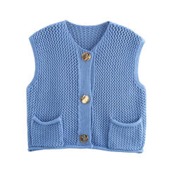 New Solid Color Knitted Vest Cardigan Single-Breasted Copper Button Sweater Sleeveless Pocket Small Jacket for Women