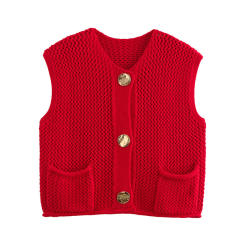 New Solid Color Knitted Vest Cardigan Single-Breasted Copper Button Sweater Sleeveless Pocket Small Jacket for Women