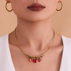 Color enamel fruit diamond heart multi charm stainless steel necklace choker necklace