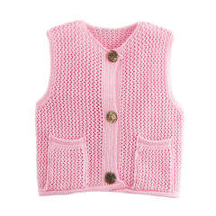New Solid Color Knitted Vest Cardigan Single-Breasted Copper Button Sweater Sleeveless Pocket Small Jacket for Women