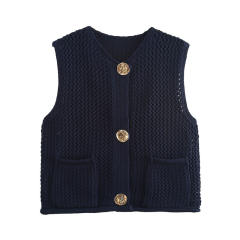 New Solid Color Knitted Vest Cardigan Single-Breasted Copper Button Sweater Sleeveless Pocket Small Jacket for Women
