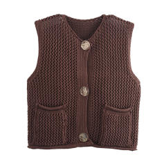 New Solid Color Knitted Vest Cardigan Single-Breasted Copper Button Sweater Sleeveless Pocket Small Jacket for Women