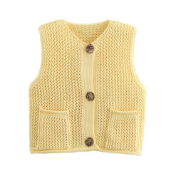 New Solid Color Knitted Vest Cardigan Single-Breasted Copper Button Sweater Sleeveless Pocket Small Jacket for Women