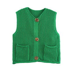 New Solid Color Knitted Vest Cardigan Single-Breasted Copper Button Sweater Sleeveless Pocket Small Jacket for Women