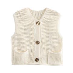 New Solid Color Knitted Vest Cardigan Single-Breasted Copper Button Sweater Sleeveless Pocket Small Jacket for Women