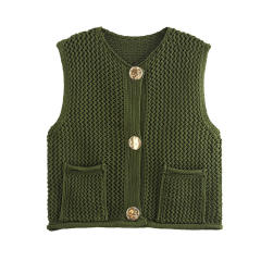 New Solid Color Knitted Vest Cardigan Single-Breasted Copper Button Sweater Sleeveless Pocket Small Jacket for Women