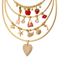Color enamel fruit diamond heart multi charm stainless steel necklace choker necklace