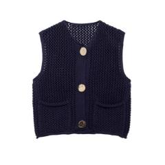 New Solid Color Knitted Vest Cardigan Single-Breasted Copper Button Sweater Sleeveless Pocket Small Jacket for Women