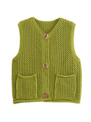 New Solid Color Knitted Vest Cardigan Single-Breasted Copper Button Sweater Sleeveless Pocket Small Jacket for Women