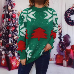 Autumn Winter Christmas Tree Jacquard Crewneck Long Sleeve Thickened Knitted Pullover Christmas Sweater