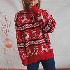 Autumn Winter Christmas Sweater Round Neck Long Sleeve Elk Pattern Knitted Pullover Top for Women