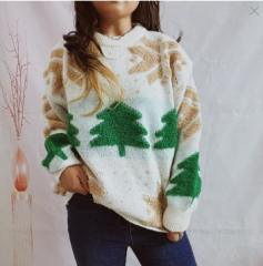 Autumn Winter Christmas Tree Jacquard Crewneck Long Sleeve Thickened Knitted Pullover Christmas Sweater