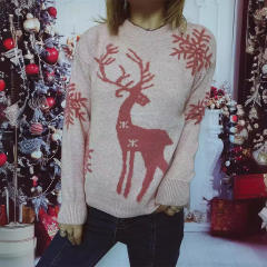 Autumn Winter Crewneck Long Sleeve Christmas Sweater Snowflake Fawn Jacquard Knitted Pullover