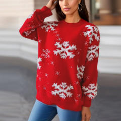 Red Christmas Sweater Women's Snowflake Embroidered Round Neck Long Sleeve Christmas Theme Pullover