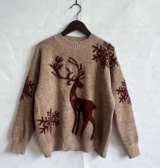 Autumn Winter Crewneck Long Sleeve Christmas Sweater Snowflake Fawn Jacquard Knitted Pullover